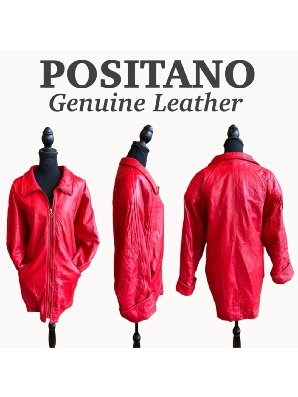 Leather Positano Jacket Front Zip Dolman Sleeves Quilted Lining Pockets Red